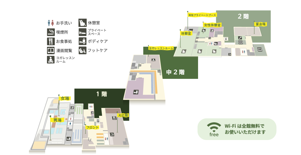 湯乃泉草加の館内フロアマップ（全体）
